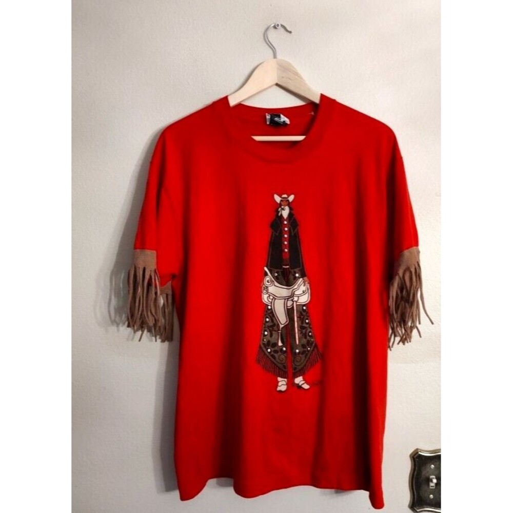 Vintage Women's Lida Red T Shirt with Fringe Big Cowgirl Embroidery Size XL